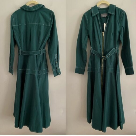 By Anthropologie Long-Sleeve Belted Front-Zip Midi Dress SIZE XS green new nwt - Picture 8 of 8